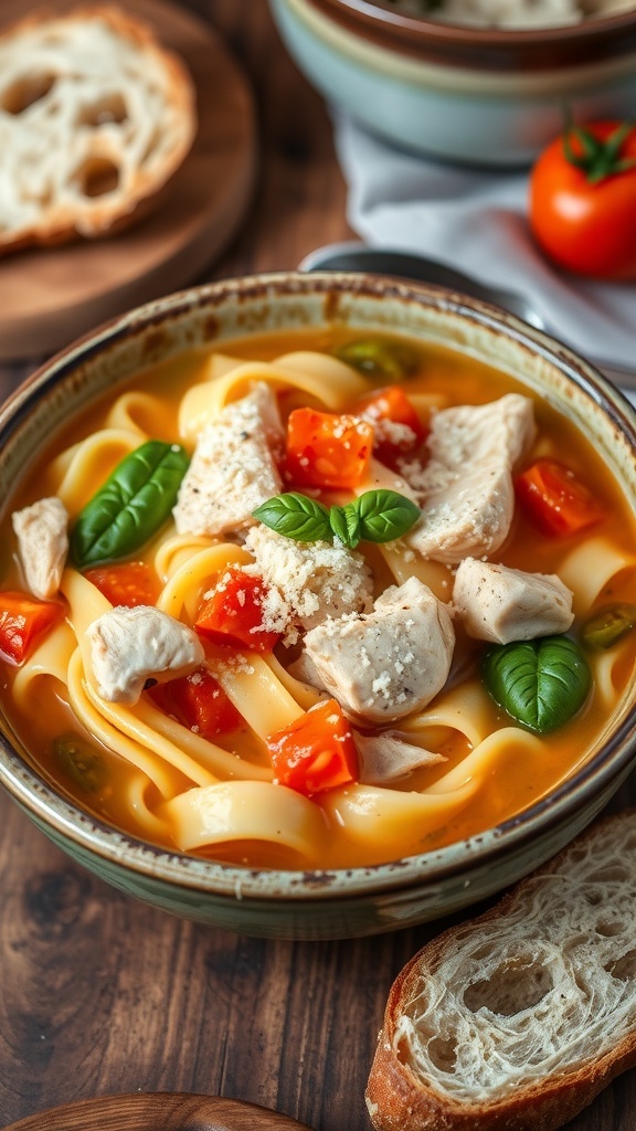 Cozy Chicken Parmesan Noodle Soup A bowl of chicken parmesan noodle soup with chicken, noodles, tomatoes, and Parmesan cheese, garnished with basil.